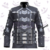 Men's Hellraiser-inspired coat: black, full-length, with industrial straps and rivet details