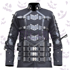 Men's Hellraiser-inspired coat: black, full-length, with industrial straps and rivet details