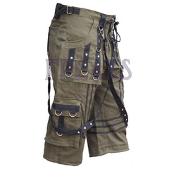 Men's industrial khaki shorts featuring black straps, rivets, and cargo pockets