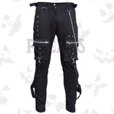 Men's black gothic slim fit pants featuring box cargo pockets, chains, and bondage straps.