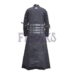 Back of Men's Hellraiser-inspired coat: black, full-length, with industrial straps and rivet details