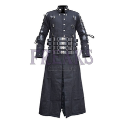 Black gothic long coat with numerous faux leather straps, metal buckles, and D-rings