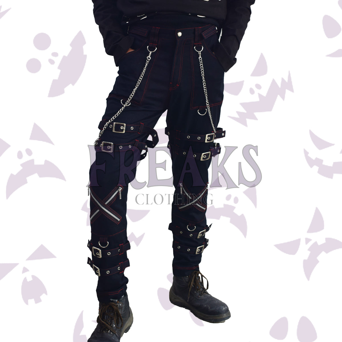 Men Gothic Straps Pant with chains and zippers