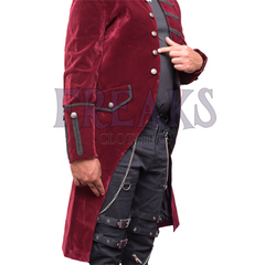 Men's formal Victorian coat: rich red velvet, long, with intricate black trim details