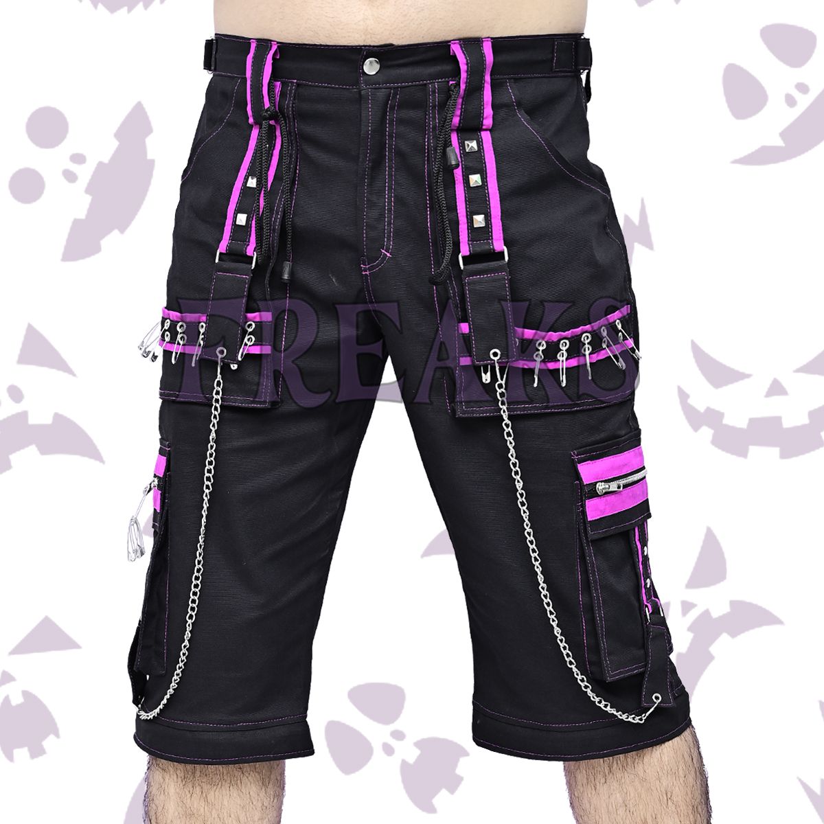 Freaks industrial cargo shorts, in pink emo baggy style with bold pink accents, silver chains, and studs.