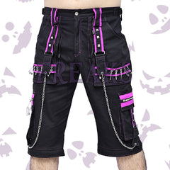 Freaks industrial cargo shorts, in pink emo baggy style with bold pink accents, silver chains, and studs.