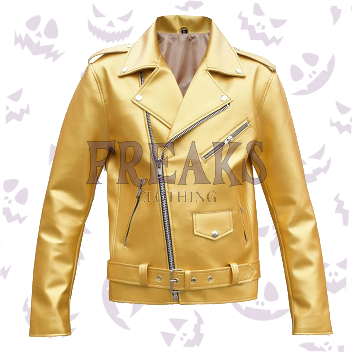Gold glam biker jacket with an asymmetrical zipper, pockets, and belted waist.