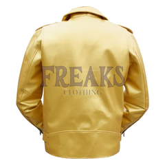 Gold metallic biker jacket with an asymmetrical zipper, notched lapels, and belted waist.