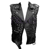 Black Heavily studded black leather motorcycle vest with an asymmetrical zipper and belt
