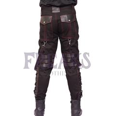 Black steampunk gothic pants with red stitching, leather straps, and metal buckles with cargo pockets