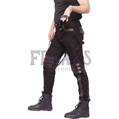 Men's alternative trousers featuring red contrast thread and bold strap-and-buckle details