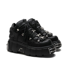 Punk Lace Up Women Shoes | Gothic EMO Ankle Boots Black - White
