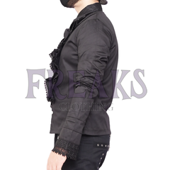 Black steampunk lace shirt with a ruffled chest panel, classic collar, and lace-trimmed cuffs