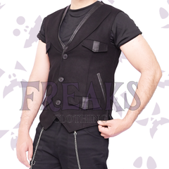 Black gothic vest with faux leather lapels, pocket flaps, and front button closure.