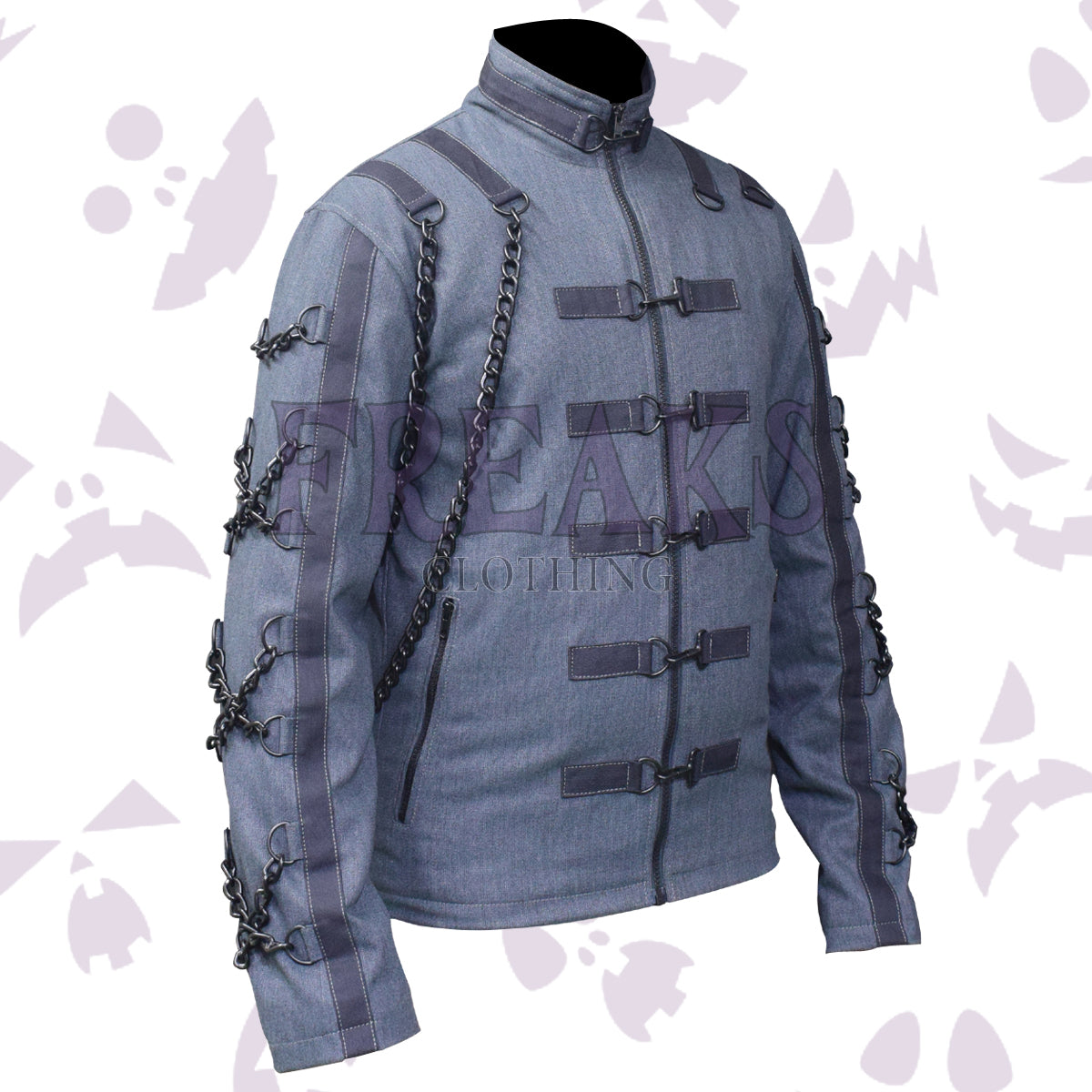 Strait Psychopath Goth Jacket with a full zipper, horizontal straps, and numerous draped chains