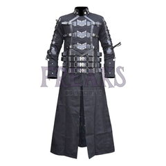 Men's Hellraiser-inspired coat: black, full-length, with industrial straps and rivet details