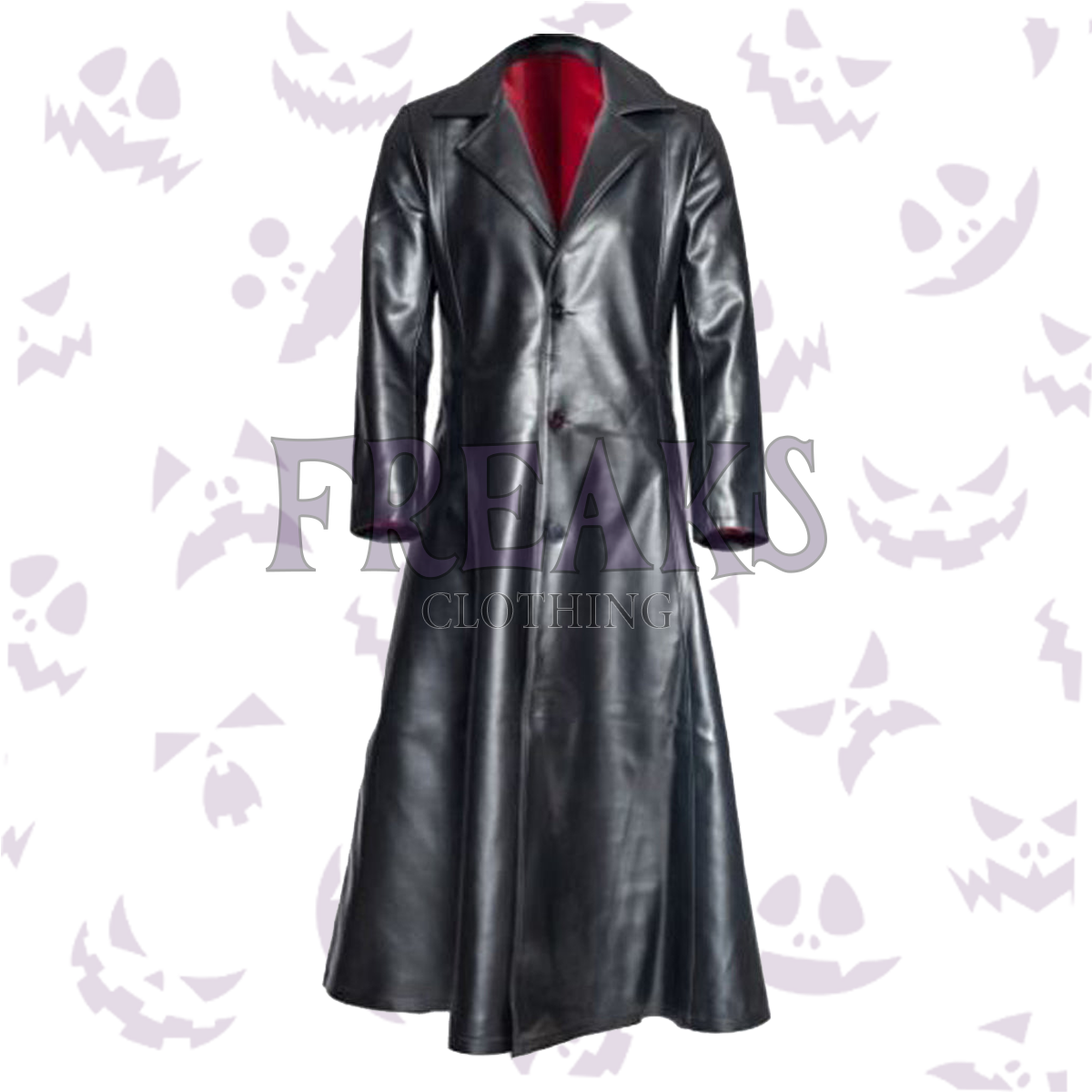 Black leather gothic trench coat with classic lapels and a striking red inner lining