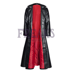 Black leather gothic trench coat with classic lapels and a striking red inner lining