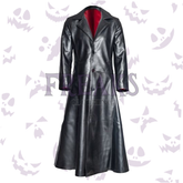 Black leather gothic trench coat with classic lapels and a striking red inner lining