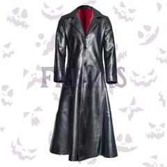 Black leather gothic trench coat with classic lapels and a striking red inner lining