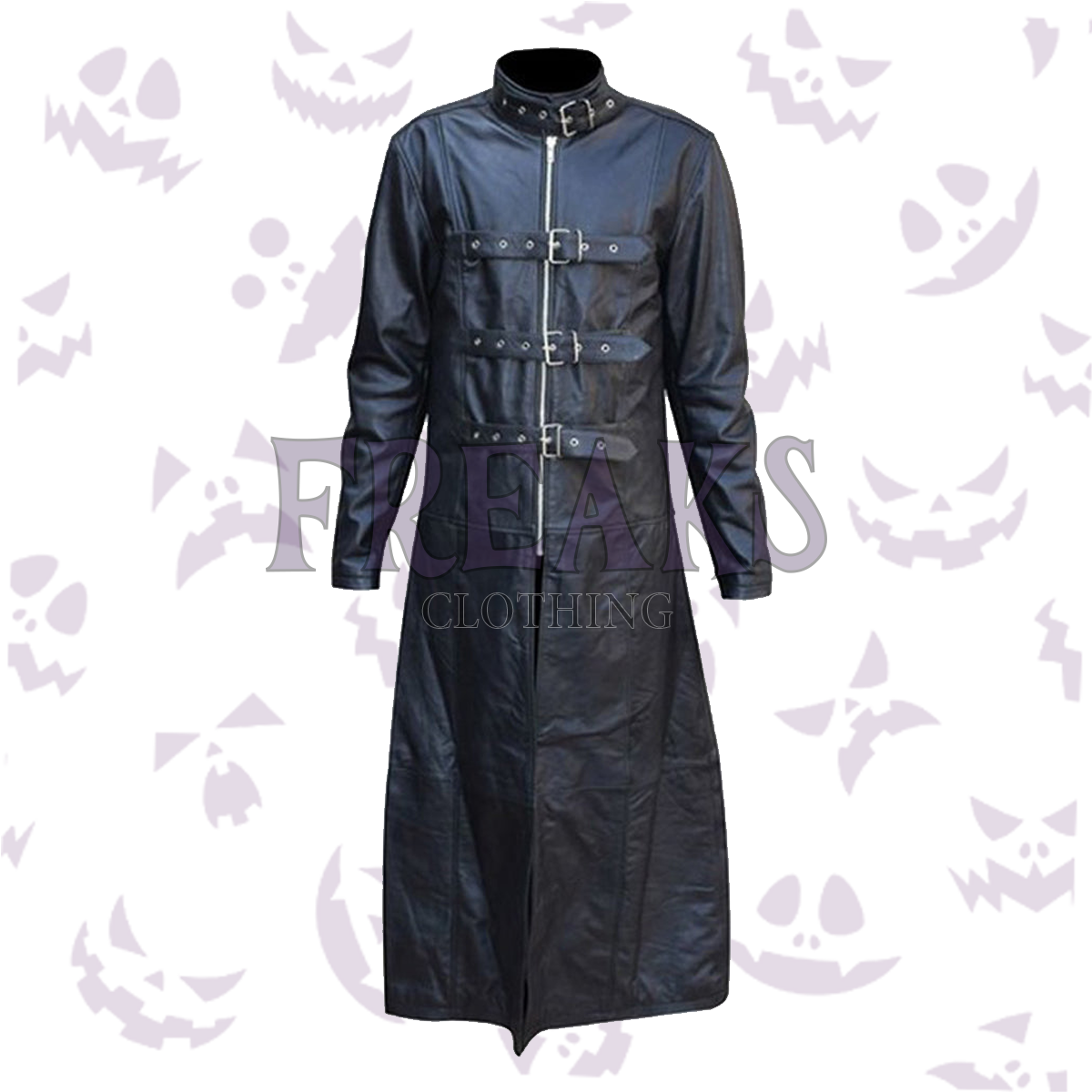 Vanguard - Leather Gothic Long Trench Coat with industrial buckles, rivets, and a high collar