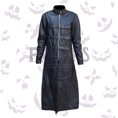 Vanguard - Leather Gothic Long Trench Coat with industrial buckles, rivets, and a high collar