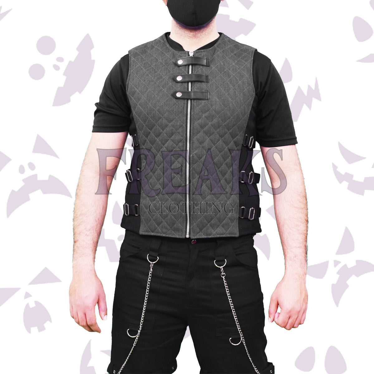 Vanguard Gothic Men's Vest with black faux leather straps, snap buttons, and a full zipper