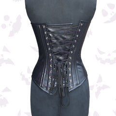 Leather Womens Overbust Corset with a front zipper and intricate silver chain lacing