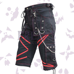 otherworld cargo shorts with chains and red stitching with red contrast stitching, studs, and utility pockets