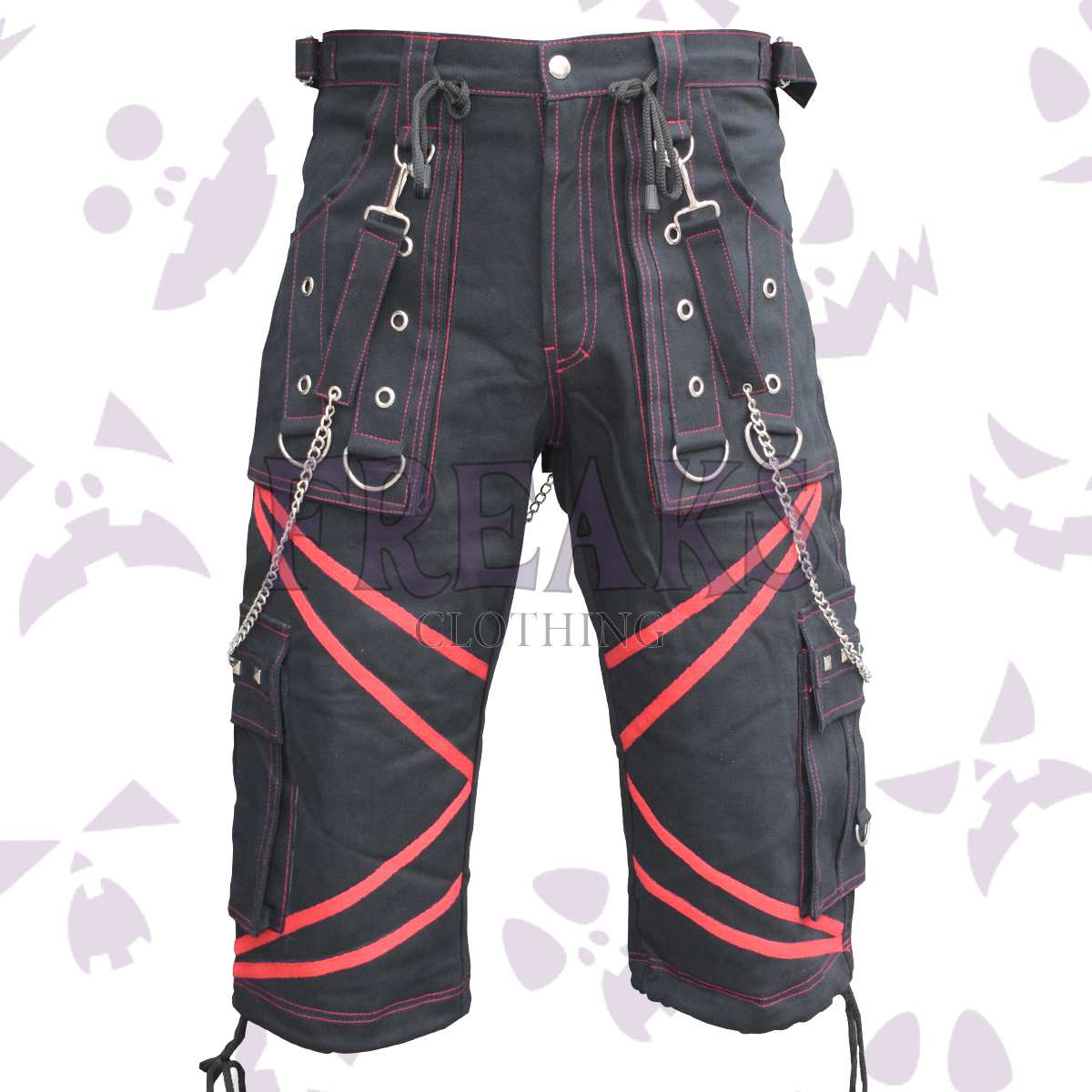 Alien X Inspired Punk Rock Shorts with red contrast stitching, studs, and utility pockets
