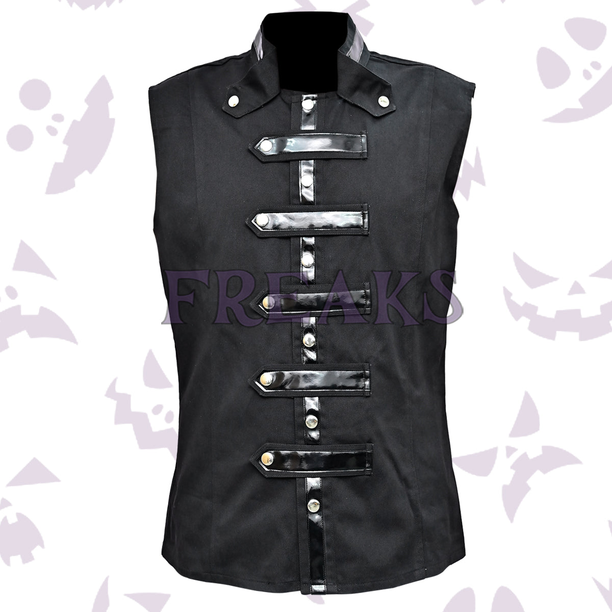 Black gothic military vest with faux leather horizontal straps, silver snap buttons, and shoulder epaulets.