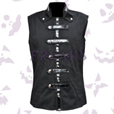 Black gothic military vest with faux leather horizontal straps, silver snap buttons, and shoulder epaulets.