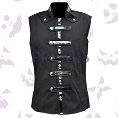 Black gothic military vest with faux leather horizontal straps, silver snap buttons, and shoulder epaulets.