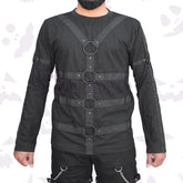 Men's black gothic shirt with heavy black webbing straps and multiple metal O-rings
