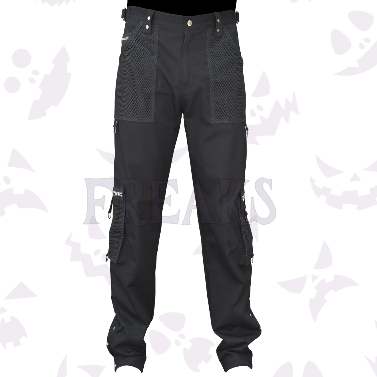 Black gothic cargo pants with mesh panels, D-rings, and side eyelets.