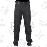 Black gothic cargo pants with mesh panels, D-rings, and side eyelets.