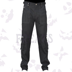 Black gothic cargo pants with mesh panels, D-rings, and side eyelets.