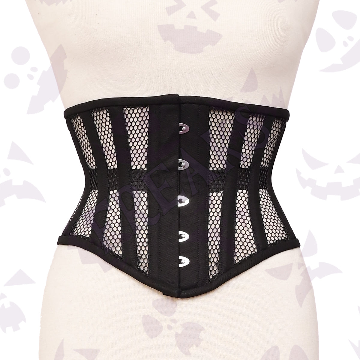 Black Mesh Underbust Corset black, with mesh sections and a structured fit.