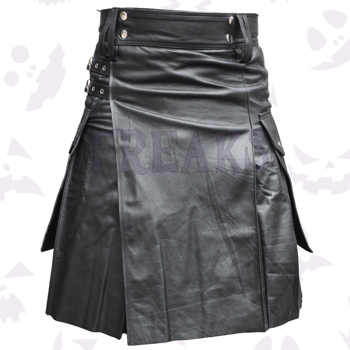 Black Real Leather Utility Gays Kilt with side cargo pockets and bold buckle straps