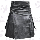 Black Real Leather Utility Gays Kilt with side cargo pockets and bold buckle straps