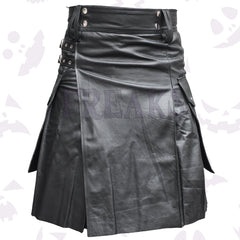 Black Real Leather Utility Gays Kilt with side cargo pockets and bold buckle straps
