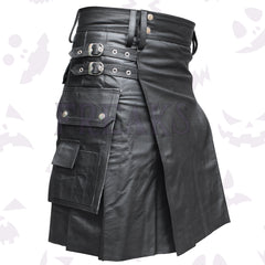 Black Real Leather Utility Kilt pleated design, with utility pockets and metal details.