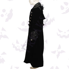 Men's vampire-style trench coat: black velvet with patterned leather details and lace-up cuffs