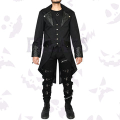 Black Steampunk Tailcoat with ornate brocade lapels, antique brass buttons, and epaulets.