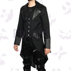 Black Steampunk victorian Tailcoat with ornate brocade lapels, antique brass buttons, and epaulets.