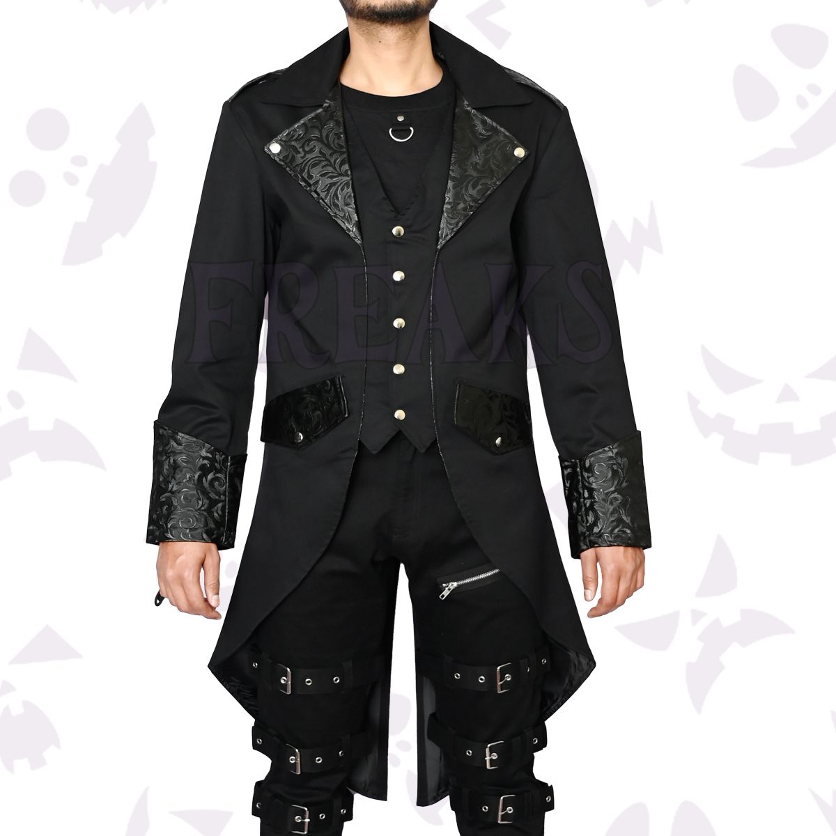 Black Victorian gothic tailcoat with ornate brocade lapels, antique brass buttons, and epaulets.