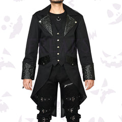 Black Victorian gothic tailcoat with ornate brocade lapels, antique brass buttons, and epaulets.