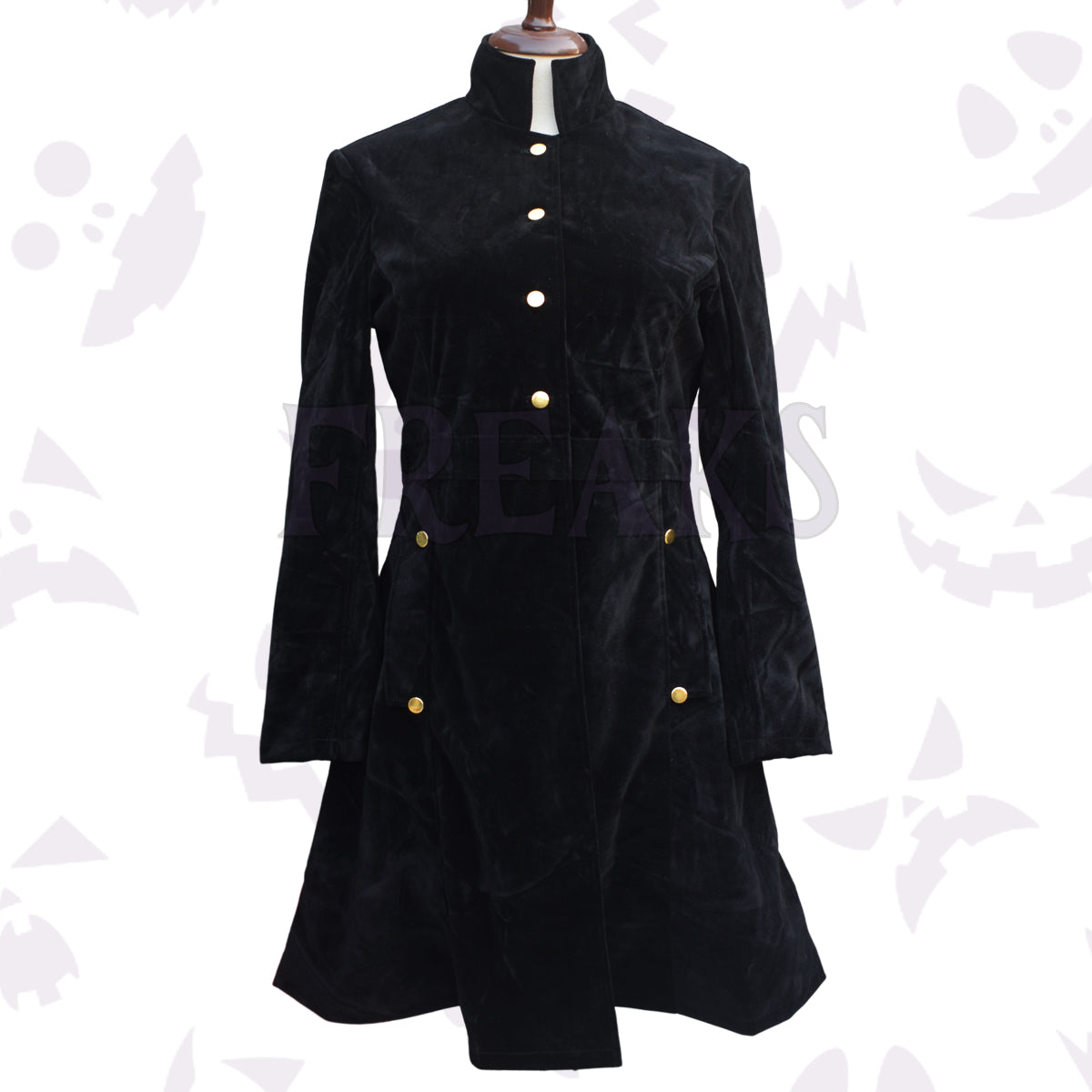 Black Velvet Dress Coat with a high mandarin collar and gleaming antique brass buttons