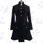 Black Velvet Dress Coat with a high mandarin collar and gleaming antique brass buttons