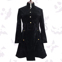 Black Velvet Dress Coat with a high mandarin collar and gleaming antique brass buttons